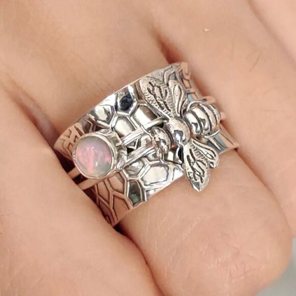 Silver Tone Opal Stone Bee Spinner Wide Ring - Picture 1 of 5